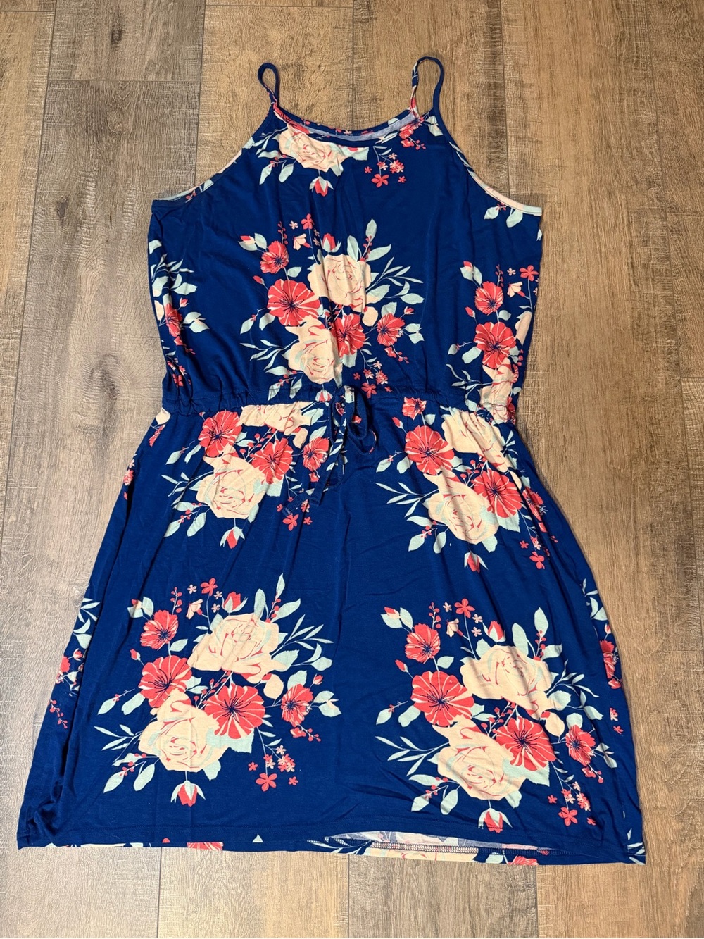 Navy Floral Drawstring Mini Dress with Spaghetti Straps